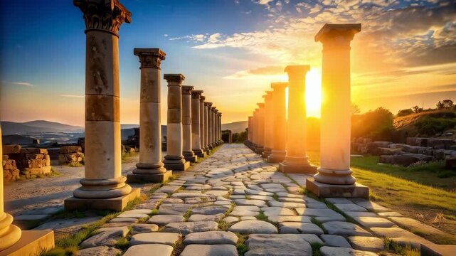 Ancient ruins with stone columns line a cobblestone path at sunrise, showcasing historical architecture and landscape under a warm, colorful sky.