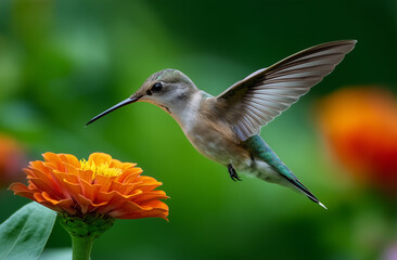 Fototapeta premium Photo of a hummingbird flying near a zinnia flower, with a green background and blurred edges