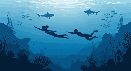 Underwater Scene with Swimmers, Sharks, and Coral — Vector Flat Blue Illustration