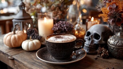 Latte in ornate cup with skull candles pumpkins and fall decor on rustic wooden surface