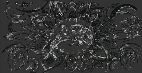 Intricate, decorative design centered on a stylized, dark image, surrounded by ornate floral and abstract patterns.