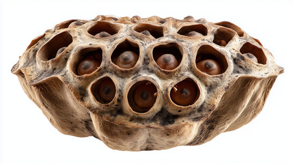 Close-up of a dried lotus seed pod with visible seeds inside, featuring natural texture and organic holes, isolated on white background for botanical or nature use.