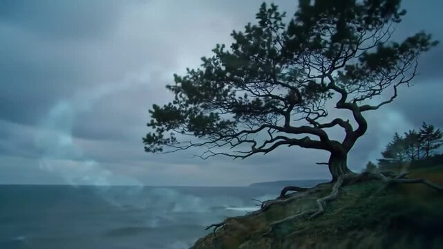 Windswept tree atop a coastal bluff