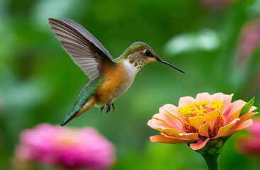 Fototapeta premium Photo of a hummingbird flying near a zinnia flower, with a green background and blurred edges