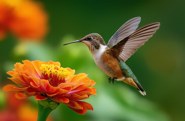 Fototapeta premium Photo of a hummingbird flying near a zinnia flower, with a green background and blurred edges