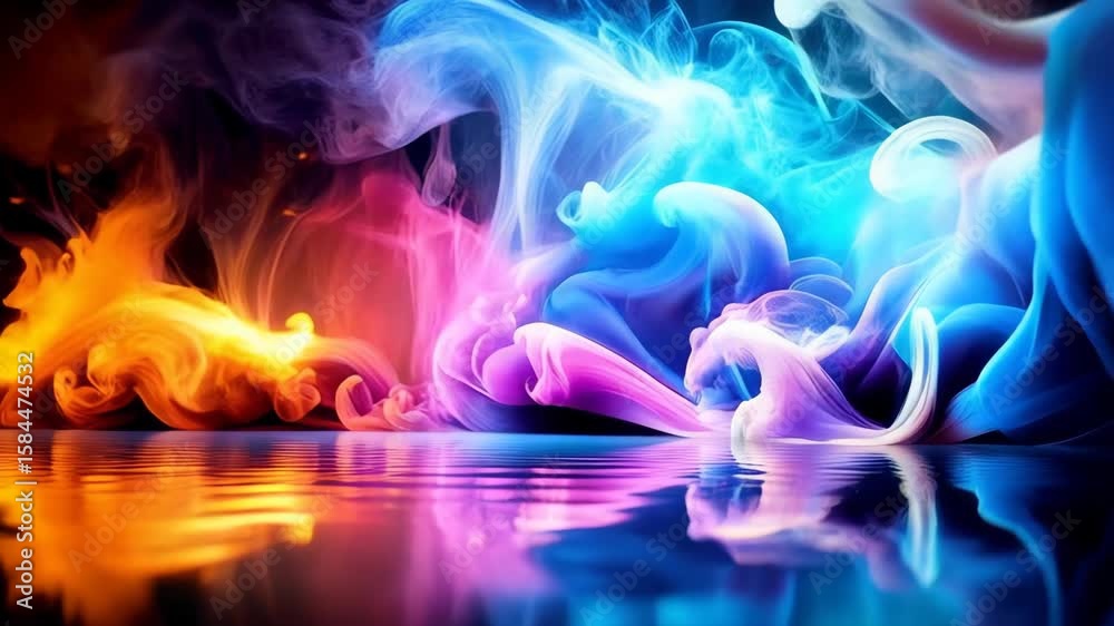 Poster luminous multicolored abstract clouds hovering over reflective water surface creating surreal and dr