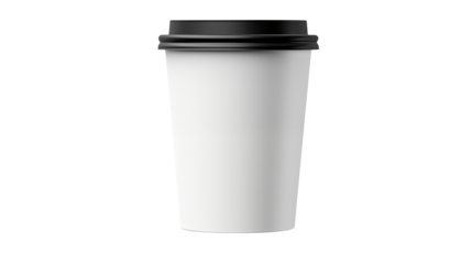 Simple blank white coffee cup with a black lid is isolated on transparent background