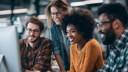 Group of young adults collaborating on a project, smiling and engaged around a computer in a modern workspace.