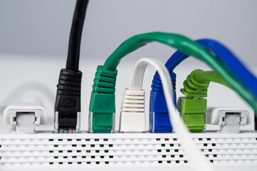 Colorful Ethernet Cables Connected to a Router. 