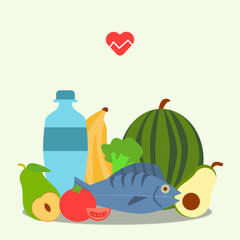 Colorful vector illustration of healthy food and drink, including vegetables, fruits, and a water bottle. Great for health campaigns, food packaging, and nutrition-related content.