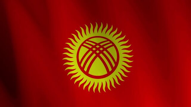 Waving flag of Kyrgyzstan with red field yellow sun and tunduk suitable for  use in Central Asian contexts