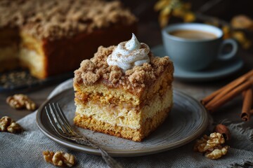 Homemade seasonal sweet cakes layered cinnamon coffee cake