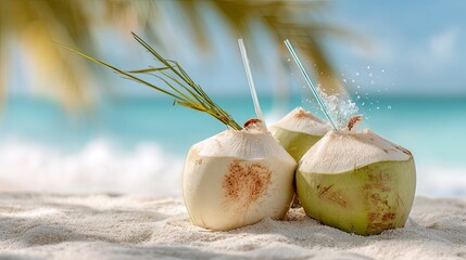 Three coconuts with straws on a sandy beach Splashing water effect