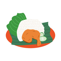 Vector illustration of traditional Malaysian dish "Nasi Lemak", served with coconut rice, sambal, boiled egg, cucumber, and fried anchovies on a red plate. Ideal for food blogs, restaurant menus,