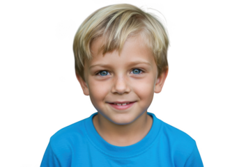 Happy young boy with blond hair and blue eyes isolated on white isolated on transparent background