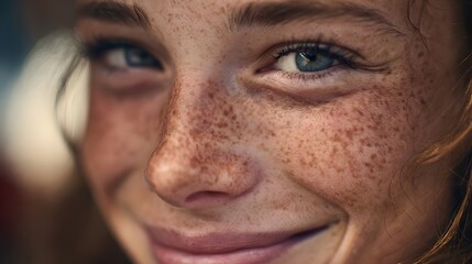 Close-up of a smiling young girl with curly hair and freckles, showcasing her bright blue eyes and joyful expression.