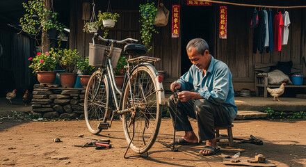Elderly Man Fixing Bicycle in Rural Village