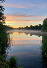Obraz premium Serene lake with mist and sunrise reflections in tranquil natural landscape