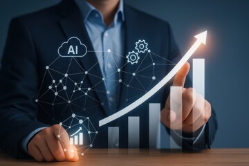 Businessman Presenting Growth Chart with Artificial Intelligence Concepts and Data Analysis for Future Forecasting in Modern Office Environment