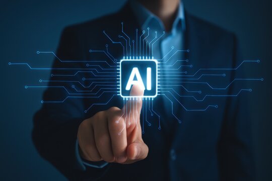 Businessman Touching AI Icon with Digital Circuit Background, Highlighting Technology Integration in Modern Industry