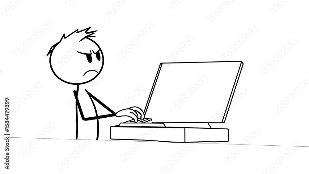 Fototapete Stick figure with an angry expression typing on a computer against a white background in black and white