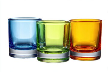 Isolated colorful drinkware including tumbler and shot glass on white background for bars and restaurants
