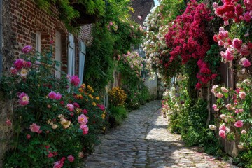 Naklejka premium Colorful fragrant roses bloom in the narrow streets of the small village of Gerberoy Normandy during summer