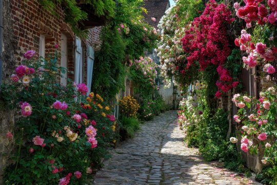 Colorful fragrant roses bloom in the narrow streets of the small village of Gerberoy Normandy during summer
