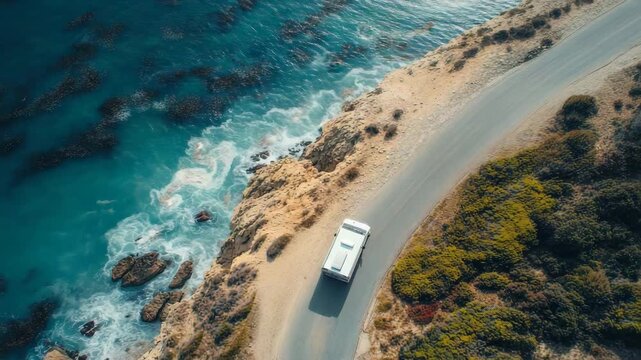 Aerial view of campervan driving along coastal road with ocean waves