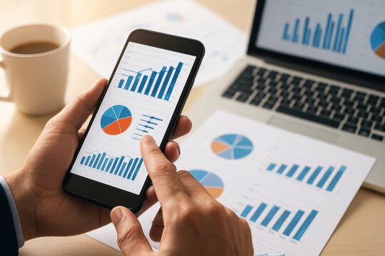 Business Professional Analyzing Data on Smartphone While Working on Laptop in Modern Office Environment with Coffee Cup on Table