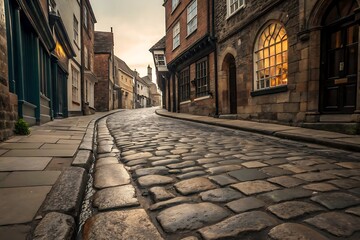 Fototapeta premium Cobblestone street lined with old brick buildings