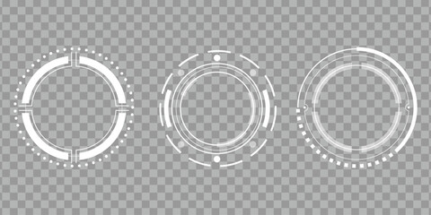 Set of three white futuristic HUD circles on transparent background, ideal for technology interfaces.