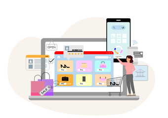 Flat vector illustration of online shopping concept. A woman stands in front of a giant laptop and smart phone screen displaying various fashion products like bags, shoes, and accessories.
