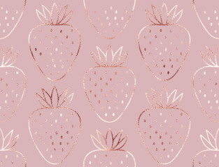 Geometric fruit seamless pattern with rose gold strawberry ornament.