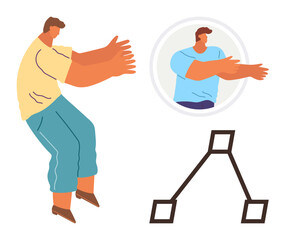 Man in casual attire stretches arms, reflecting movement in a circular mirror. Black flowchart diagram symbolizes connections. Ideal for teamwork, leadership, unity, organization, reflection