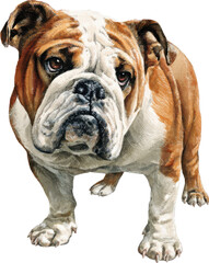 Fototapeta premium A detailed watercolor painting of an english bulldog standing on a transparent background isolated on transparent background