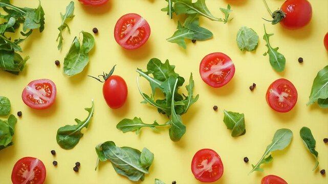 Vibrant flatlay of halved cherry tomatoes & arugula on yellow