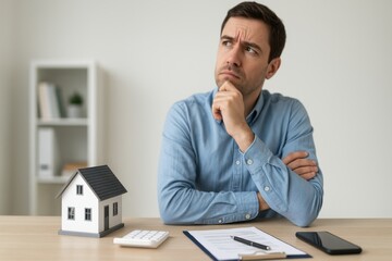 Naklejka premium Thoughtful man considering real estate investment while looking at model house, calculator, and smartphone in modern office space, pondering decisions.