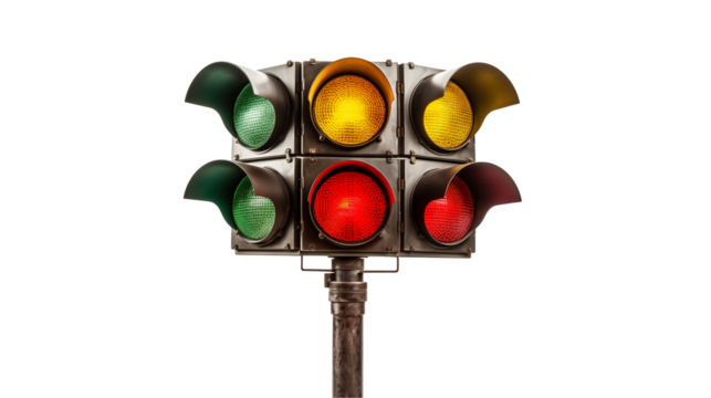 Traffic light with green, yellow, and red signals isolated on transparent background