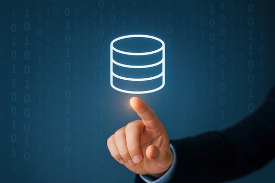 Hand Pointing at Digital Database Icon with Binary Code Background in a Concept of Data Management and Technology Advancement
