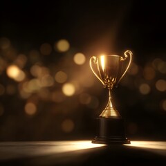 Shining Golden Trophy on Luxurious Velvet Stand Under Dramatic Stage Lighting with Soft Bokeh