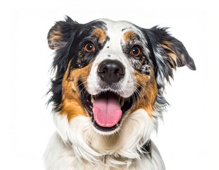 Fototapeta premium Silly smiling dog with big eyes and floppy ears, joyful expression, white backdrop.