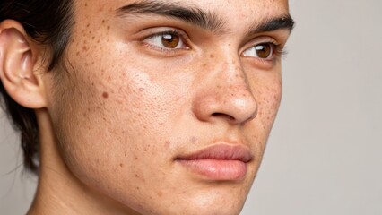 Fototapeta premium Close-up portrait of a person with freckles and expressive eyes.