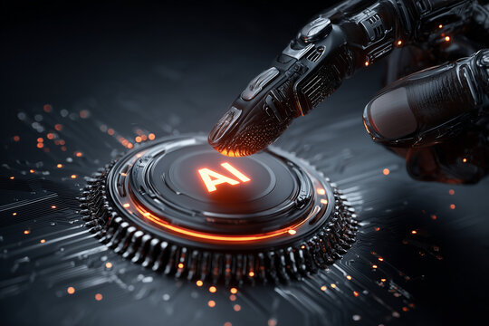 AI-generated close-up of a human finger touching a glowing AI symbol on a digital interface  - Powered by Adobe