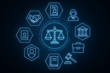 Digital legal services concept with glowing icons representing justice and law