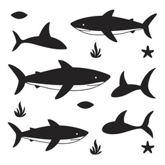 Obraz premium Five black shark silhouettes swimming underwater sharks
