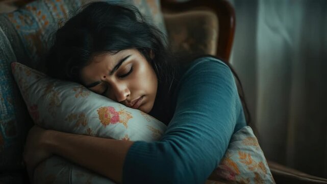 Young lady sleeping on couch, eyes closed, peaceful dream. Indian ethnicity wearing blue nightgown.