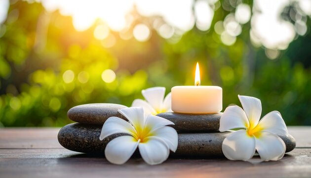 Tranquil spa setting with glowing candle, smooth stones, and white frangipani flower. - Powered by Adobe