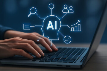 Hands typing on a laptop with a glowing ai brain network diagram