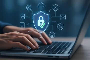 Fototapeta premium Hands typing on laptop with glowing digital security shield and data icons